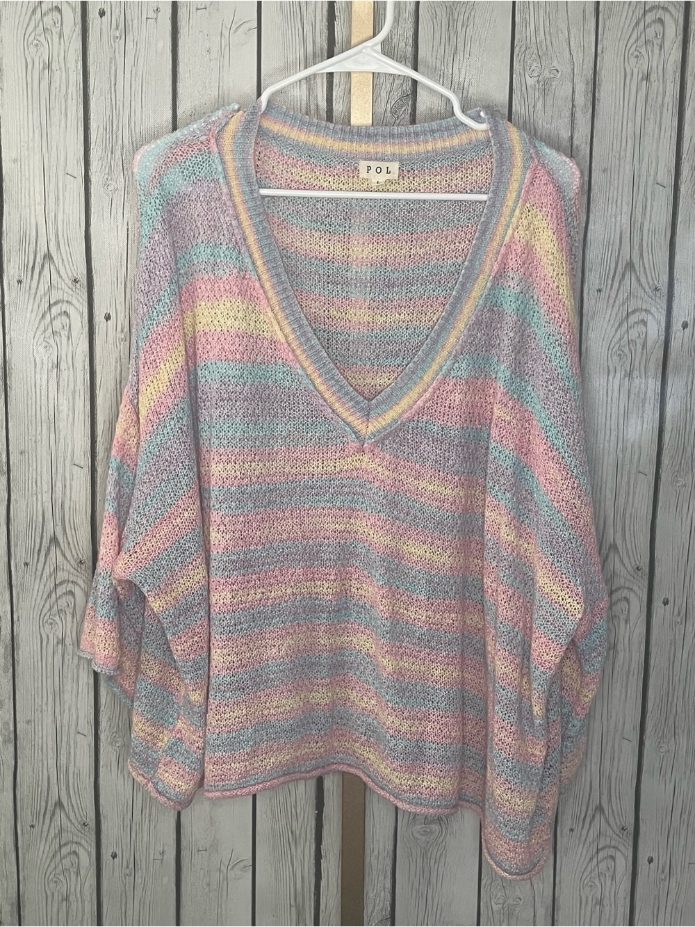 POL Pastel Rainbow Striped Oversized V-Neck Knit Sweater L Large Boho Slouchy